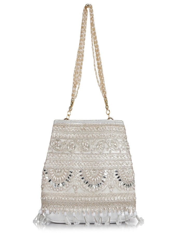 Nevis Stylish Embroidery Unique Design Traditional Wedding Party Handheld Potli Bag For Women (SILVER) - Image 1